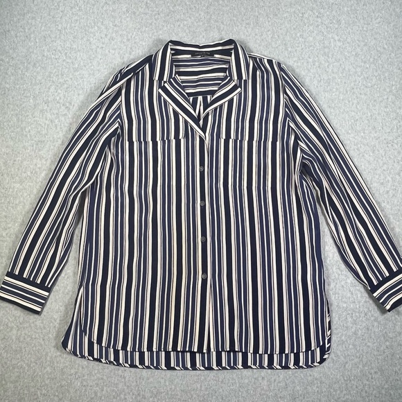 Lafayette 148 NY 100% Silk Blouse Navy Beige White Striped Long Sleeves W SZ M - Picture 3 of 8